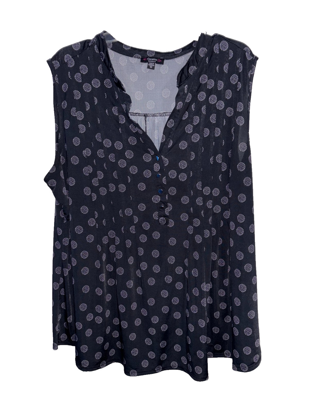 Cocomo Woman Medallion Dot Sleeveless Blouse Top Women 3X Black Henley Ruffle